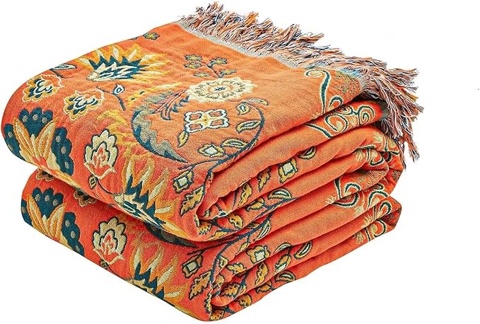Boho Throw Blanket 100% Cotton Ultra Soft Luxury Throw Rustic Quilt 50"x60" Floral Printed Farmhouse Decor Bed Summer Blankets All Season Rustic Reversible Bohemian Throw for Bed Orange