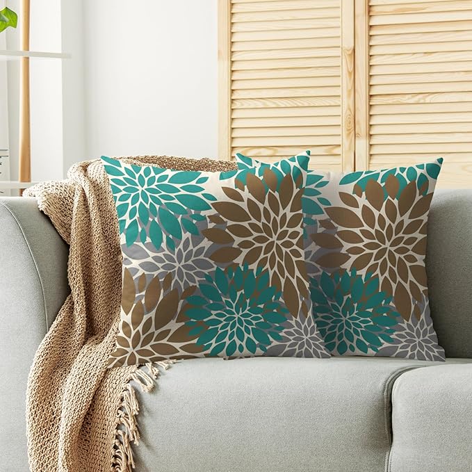 Brown Teal Pillow Covers 22X22 Inch Set of 2, Dahlia Flower Spring Summer Floral Cream Decorative Throw Pillow Covers Outdoor Modern Farmhouse Cushion Case for Home Couch Sofa Bed Decor