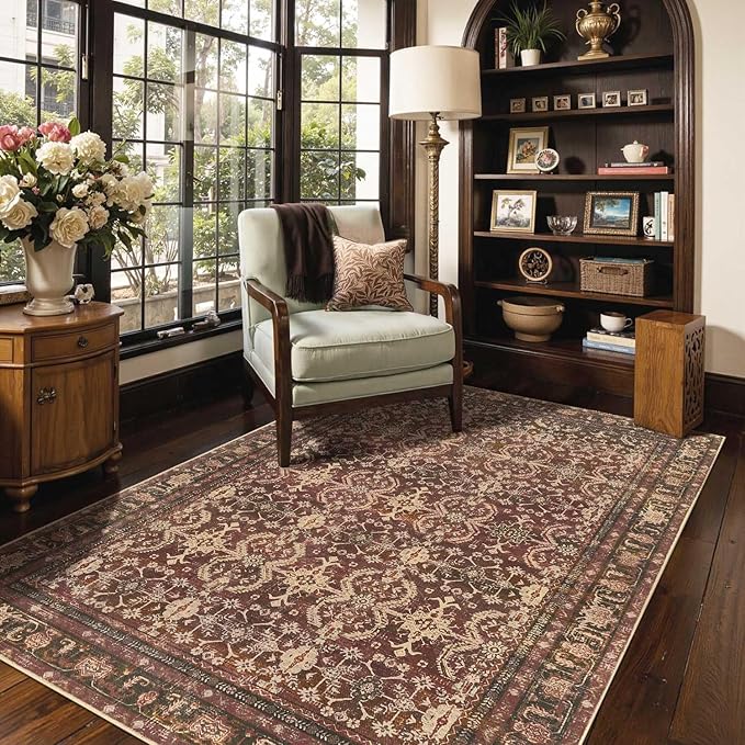 Area Rugs for Living Room Bedroom, Washable Christmas Rug, Vintage Oriental Boho Rug, Non Slip & Low Pile Faux Wool Thin Accent Carpet for Indoor Dining Room, Kids Room and Office(Red 4x6ft)