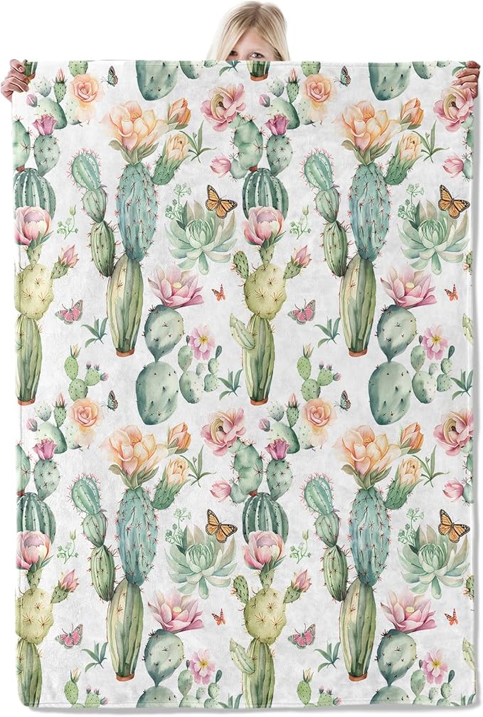 Cactus Floral Blanket 50×60 Inch,Watercolor Succulent and Desert Flower Lightweight Flannel Throw with Butterfly,Boho Botanical Home Decor,Gifts for Girls,Women