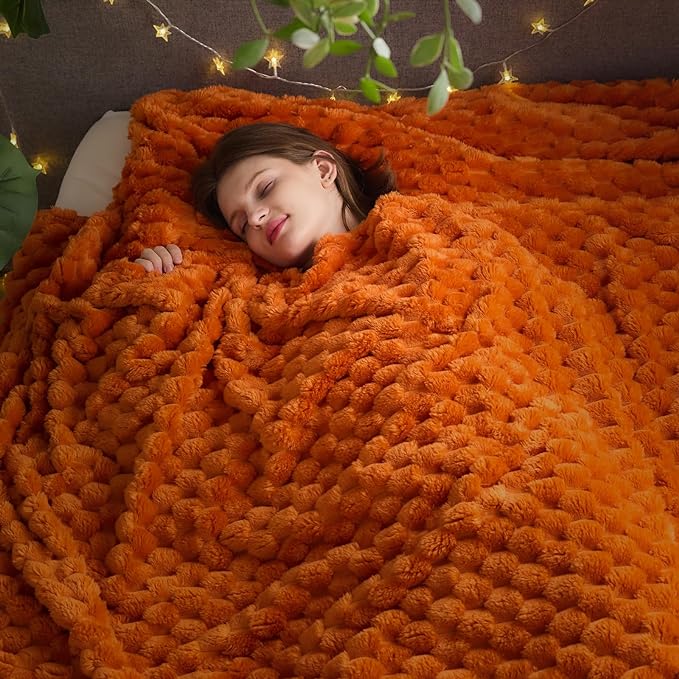 NEWCOSPLAY Super Soft Fall King Blanket Orange Premium Silky Flannel Fleece 3D Clouds Stylish Jacquard Lightweight Bed Blanket All Season Use 350GSM (Orange, King(90"x110"))