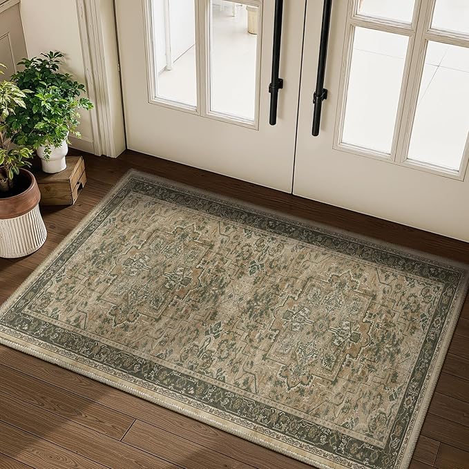 Moody 3x4 Rugs for Entryway Indoor, Distressed Medallion Door Mat Indoor Entrance, Washable Non Slip Low Pile Thin Small Carpet Rug for Kitchen/Bedroom/Bathroom/Laundry Room, Multi Brown/Olive