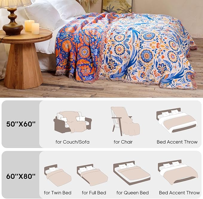 Boho Throw Blanket 50"x60" 100% Cotton Couch Floral Blanket with Flower Bird Pattern, Reversible Soft Breathable Lightweight Spring Decorative Tassel Blankets for Chair Sofa Bed Decor All Season