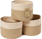 Small Basket for Organizing | Cube Shelf Closet Storage Baskets | 9.7×9.7×7.1” | Woven Rope Gift Basket | Nursery | Round 3 Packs Tan
