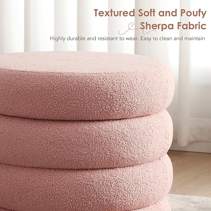 Flouki 20.1" Storage Ottoman Round, Vanity Stools for Bedroom, Entryway Ottoman for Console Table, Ottoman Stool for Girls Women, Foot Stool for Living Room Set of 2, Sherpa Pink