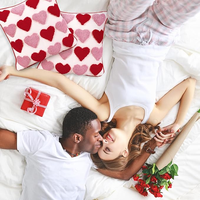 Whaline 2 Pcs Valentine's Day Tufted Throw Pillow Covers Pillow Case 18 x 18 Inch Embroidery Red Pink Heart Cushion Case for Wedding Anniversary Bedroom Sofa Couch Bed Holiday Festival Home Decor