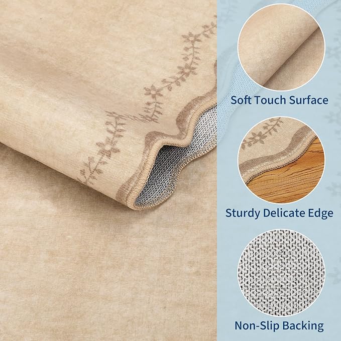 GarveeHome Round Area Rugs 4ft for Kids Room, Solid Jute Scalloped Washable Circle Rug Soft Non Slip Floral Print Floor Mat Tan Carpet Indoor Thin Tent Rug for Bedroom Dining Room Playroom Nursery