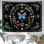 Aipon Blue Butterfly Moon Flower Tapestry Botanical Boho Plant Floral Tapestry for Bedroom Aesthetic Hippie Vintage Tapestries Wall Hanging for Living Room Dorm (60.00'' × 80.00'', Blue)