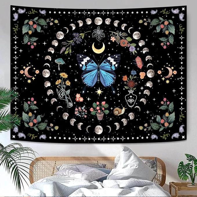 Aipon Blue Butterfly Moon Flower Tapestry Botanical Boho Plant Floral Tapestry for Bedroom Aesthetic Hippie Vintage Tapestries Wall Hanging for Living Room Dorm (68.00" x 90.00", Blue)