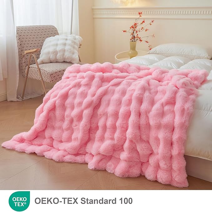LIFEREVO Luxury Fluffy Faux Rabbit Fur Throw, Plush Fuzzy Bubble Waffle Blanket for Couch Sofa, Soft Cute Furry Blanket Home Decoration, Shaggy Lap Throw for Bedroom Living Room Office, 50x60, Pink