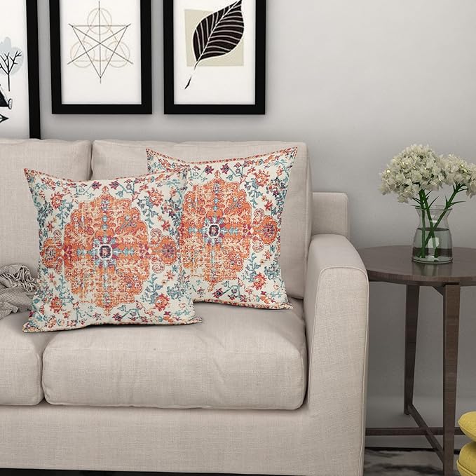 Orange Blue Ethnic Boho Throw Pillow Covers 22x22 Inch Decorative Bohemian Carpet Vintage Rust Coral Floral Pillow Cases Rustic Rug Cushion Covers Farmhouse Home Decor For Sofa Couch Outdoor Set of 2