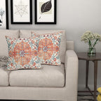 Orange Blue Ethnic Boho Throw Pillow Covers 16x16 Inch Decorative Bohemian Carpet Vintage Rust Coral Floral Pillow Cases Rustic Rug Cushion Covers Farmhouse Home Decor For Sofa Couch Outdoor Set of 2