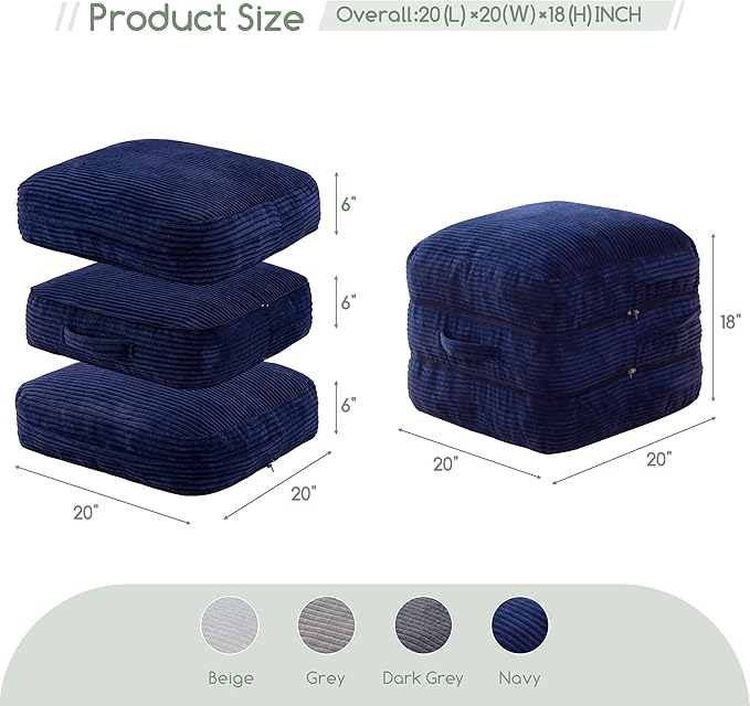 HIGOGOGO Pouf Ottoman Stuffed Square Modern Foam Filled Foot Rest Poufs 20 X 18 Inches Modular Ottomans Separated Into Floor Cushions for Living Room Chair Decorative Stool, Navy