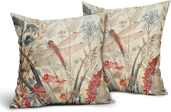 Kawani Summer Dragonfly Pillow Covers 24X24 Inch Red Floral Flower Botanical Nature Decorative Pillow Cases Set of 2 Vintage Farmhouse Throw Pillows for Cushion Sofa Couch Outdoor