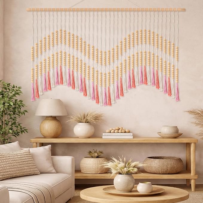 Tiamon Boho Wall Decor - 59'' W x 42'' L Macrame Wall Hanging Beaded Large Tapestry Art for Home Bathroom Farmhouse Bedroom Living Room Office Natural Modern Rustic Decoration