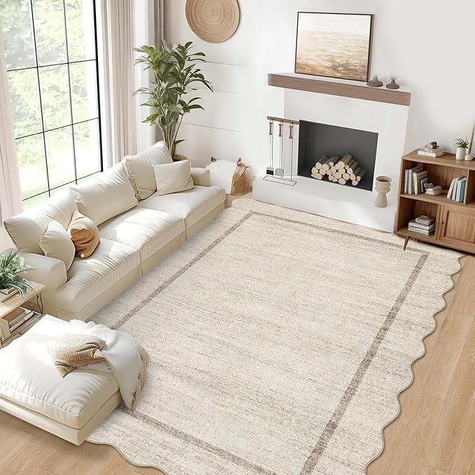 GarveeHome Scalloped Washable Rug 9x12 Area Rug for Bedroom Modern Living Room Rug Farmhouse Non Slip Large Area Rug Soft Throw Rugs Stain Resistant Carpet for Dining Room Nursery Beige 9'x12'