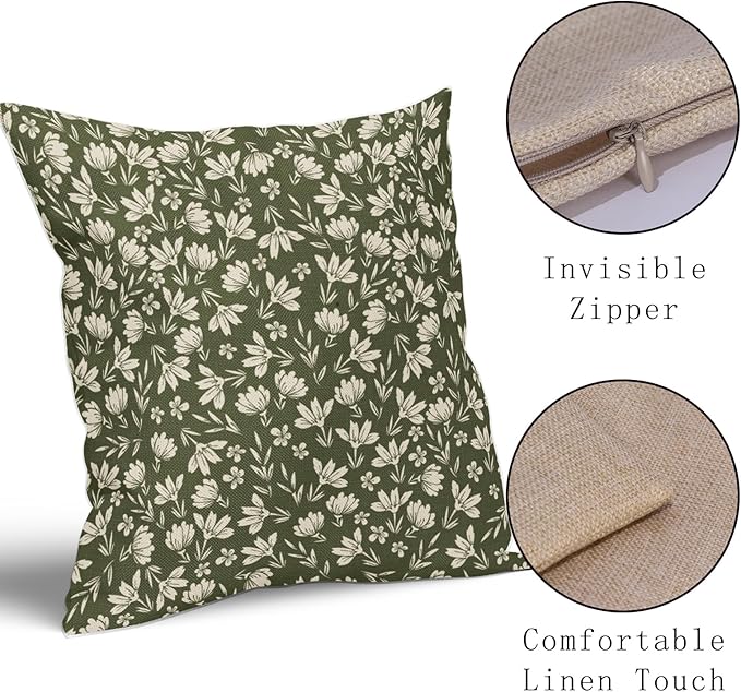 Olive Green Pillow Covers 20x20 Set of 2 Vintage Floral Rustic Old Style Cute Flower Print Decorative Outdoor Pillowcases Seasonal Farmhouse Throw Cushion Case Decor for Couch Sofa Bed