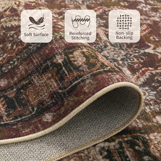 6x9 Area Rugs for Living Room Bedroom, Large Washable Christmas Rug, Vintage Oriental Boho Rug, Non Slip & Low Pile Faux Wool Thin Carpet for Indoor Dining Room, Classroom Dorm and Kids Room