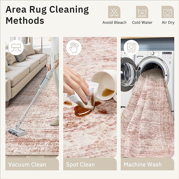 9x12 Area Rugs for Living Room, Non Slip Machine Washable Vintage Rugs, Low Pile Lightweight Large Rug for Bedroom, Dining Room, Home Office Pink