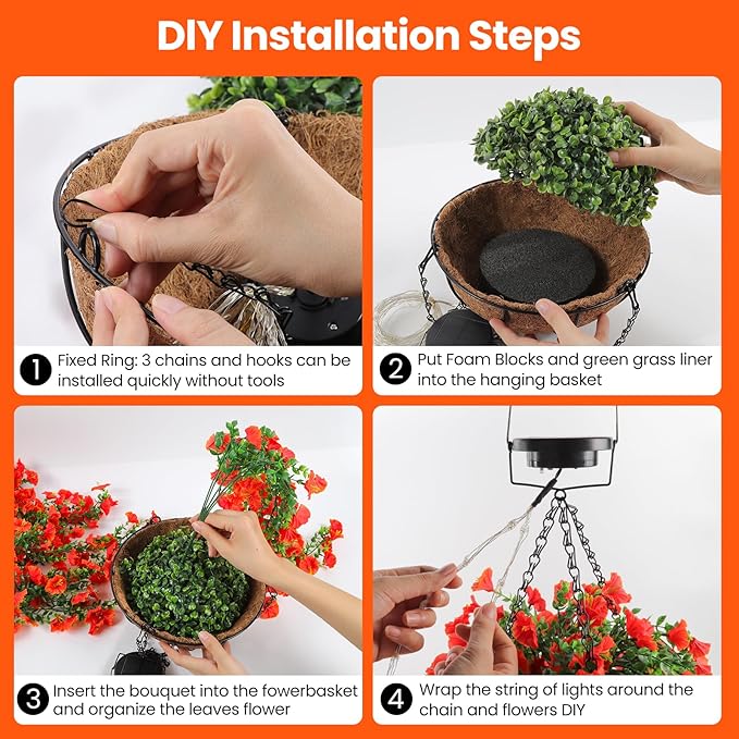 Outdoor Hanging Artificial Flowers Basket: Realistic Fake Plants Basket with Solar String Lights for Home Garden Enthusiasts - 10 Inch Faux Silk Flower Baskets for Porch Wall Patio Tree Decor