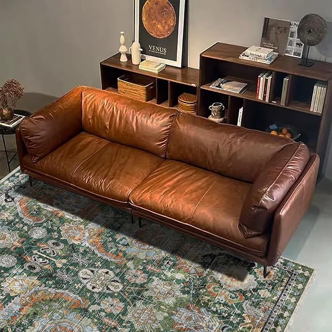 RUGSURE Washable Area Rugs - Perfect for Living Room, Bedroom, Kids Room, Nursery - Stain & Water Resistant Non-Slip, Pet & Child Friendly, Vintage Tribal Area Rugs (Green, 5' x 7')