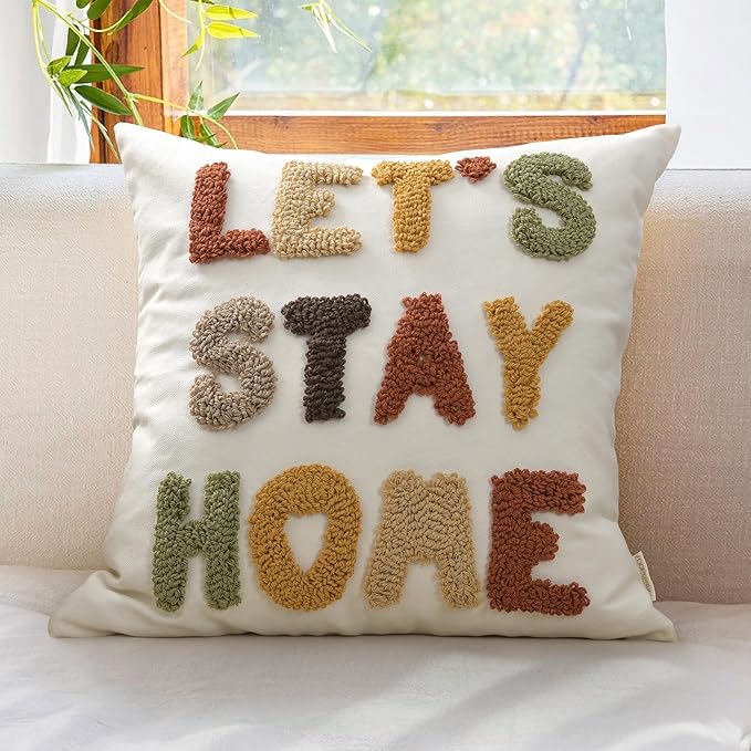 "Let's Stay Home Boho Pillow Covers 18X18 Inch Decorative Words Tufted Throw Pillow Covers Farmhouse Pillow Case for Couch Sofa Bed Living Room Bedroom, Rust/Mustard/Brown