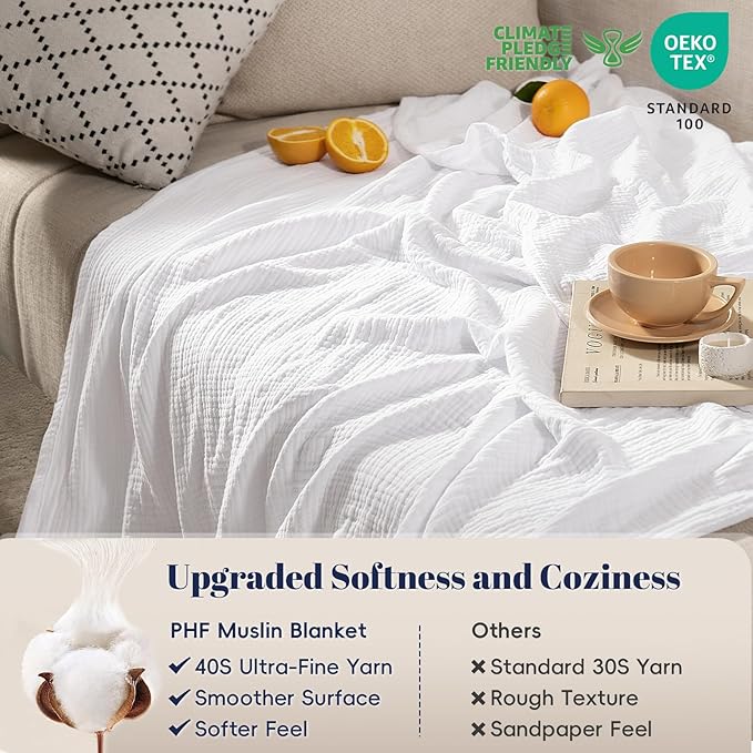 PHF 100% Cotton Muslin Throw XL Blanket Large 50" x 70", 4-Layer Lightweight Gauze Throw, Breathable Cloud-Soft Minimalist Blanket for Bed, Couch, Camping & Baby, White, Ideal Gift