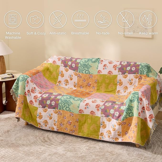 100% Cotton Boho Throw Blanket for Home Decor – Classic Farmhouse Quilt Bedding, Muslin Blankets for Adults, Vintage Woven Decorative Blanket for Couch, Bed Layering Use, Patchwork, 60"x80"