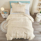 WONGS BEDDING Comforter Set Twin, 3 Pieces Ruffle for Dorm Room Essentials Comforter for Twin Bed, Beige Textured Bedding Set with 1 Ruffle Comforter, 2 Tufted Pillowcases 86"×68"