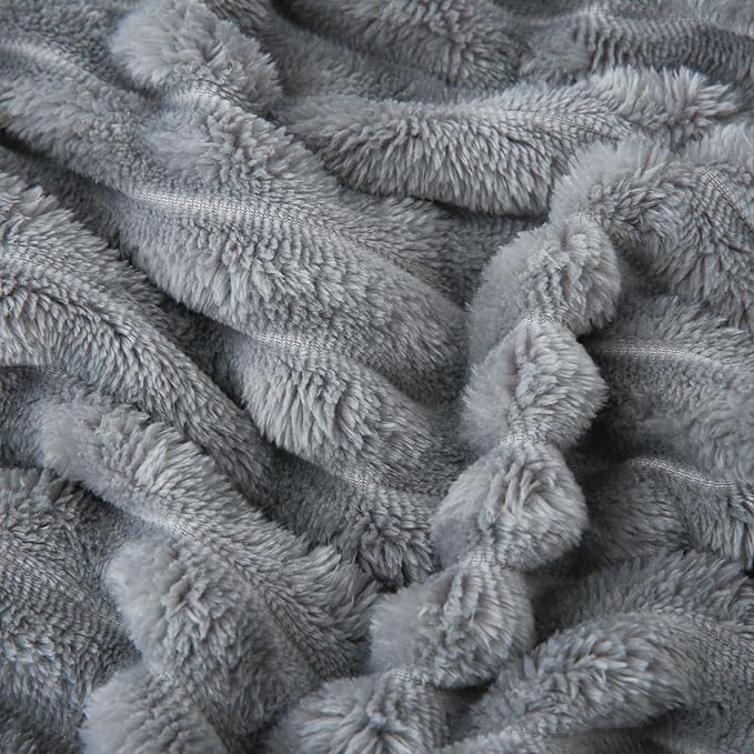 Grey Fleece Throw Blanket 90”×90” for Couch Sofa Bed,Super Soft Cozy Plush Microfiber Flannel Blanket with Stripes Design Lightweight for Adults,Woman,Girls