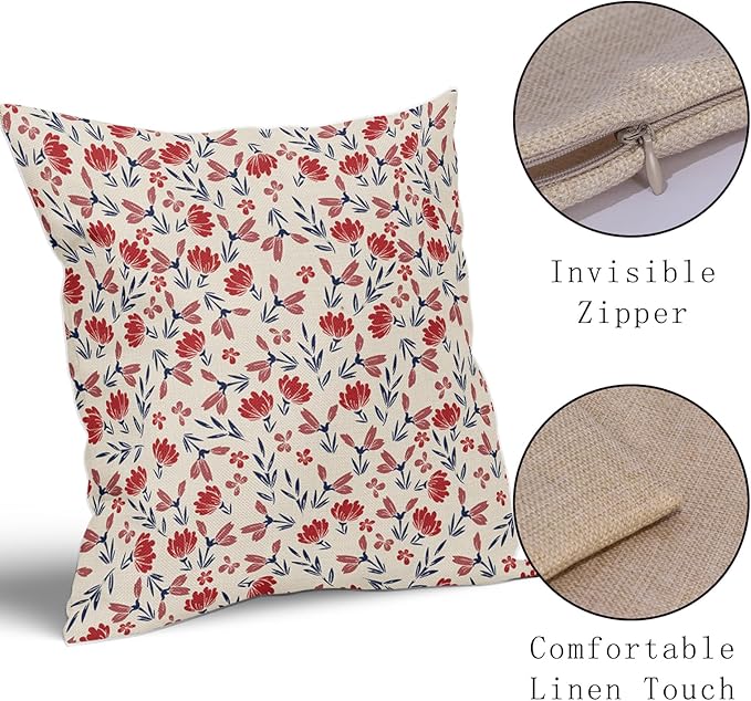 4th of July Floral Pillow Covers 22x22 Set of 2 Vintage Rustic Old Style Navy Blue Red Flower Print Decorative Outdoor Pillowcases Patriotic Farmhouse Throw Cushion Case Decor for Couch Sofa Bed