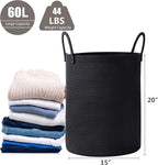 60L Black Woven Rope Hamper Laundry Basket for Clothes Tall Modern Blanket Storage Basket in Living Room Bedroom 15Dx20H inches