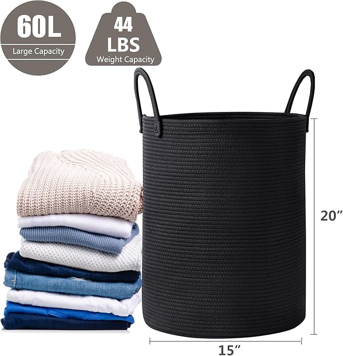 60L Black Woven Rope Hamper Laundry Basket for Clothes Tall Modern Blanket Storage Basket in Living Room Bedroom 15Dx20H inches