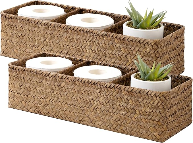 StorageWorks Toilet Paper Basket for Back of Toliet， Bathroom Basket with 3 Enlarged Compartments, Seagrass Toilet Paper Storage Baskets, 16½"x 5½"x 5½", Brown, 2-Pack