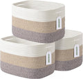 Cotton Rope Storage Basket, 15x10x9 Inches, Woven Basket for Shelves, Clothes, Towels, Books, and Laundry, White Brown (3 Pack)