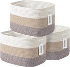 Cotton Rope Storage Basket, 15x10x9 Inches, Woven Basket for Shelves, Clothes, Towels, Books, and Laundry, White Brown (3 Pack)