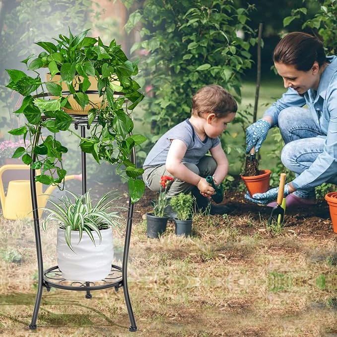 THKFUL Metal Plant Stands Indoor Outdoor, 2Tier Tall Potted Plant Stand Plant Shelf Flower Pot Stand Iron Plant Holder for Multiple Planter,Rustproof Corner Plant Rack for Christmas Gift(20.3'')