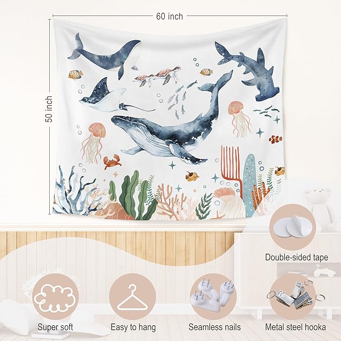 WARDOS Whales Ocean Animal Tapestry, Shark Whale Beach Tapestry Wall Decor, Kids Room Wall Decor, Ocean Sea Animals Wall Blanket Decor for Toddler Kids Nursery Bedroom Playroom, 50x60 Inch