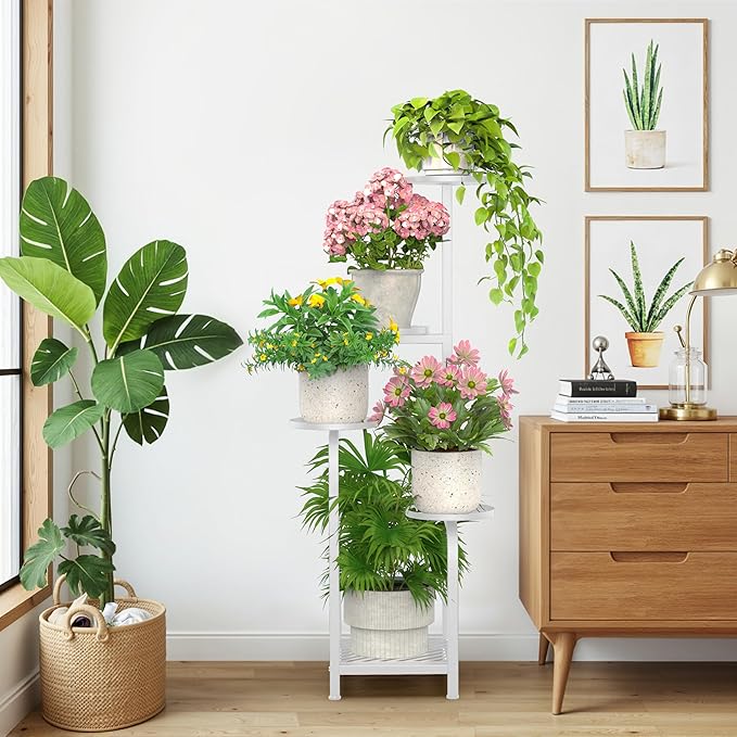 TOSKING 5 Tier Tall Plant Stand Indoor Outdoor,Anti-Tip Plant Stand indoor, Wide Base for Pots, Child and Pet Friendly,Heavy Duty Corner Shelf for Plants & Decor, Space Saving ,Tiered Metal Flower Pot Stand for Balcony, Garden, Living Room, Patio (Whit...