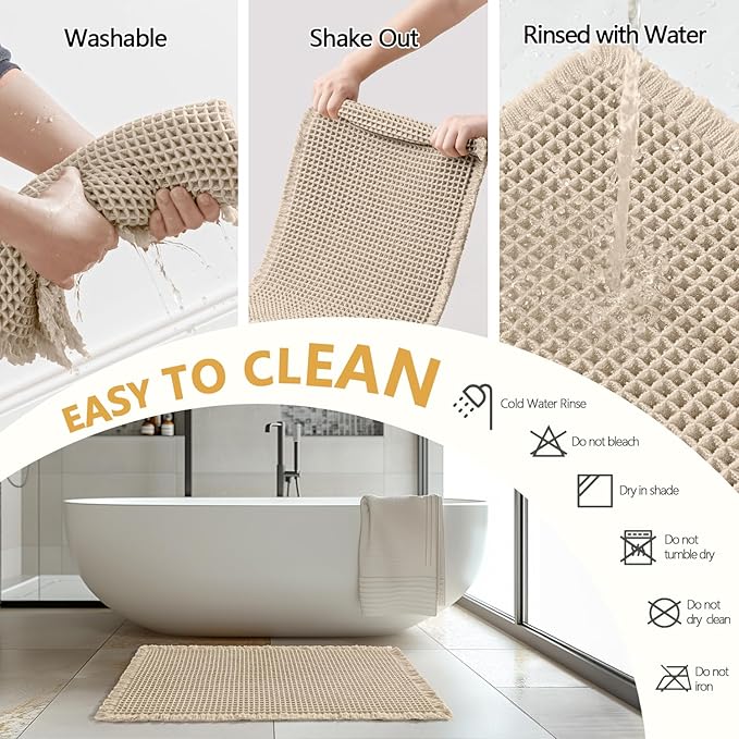MIULEE Set of 2 Waffle Bathroom Rugs, Boho Bath Rugs Non Slip Washable, Super Absorbent Bath Mats, Ultra Soft Rubber Backed Shower Mats for Bathroom Floor, Tub and Shower, Pale Beige, 17x24 Inch
