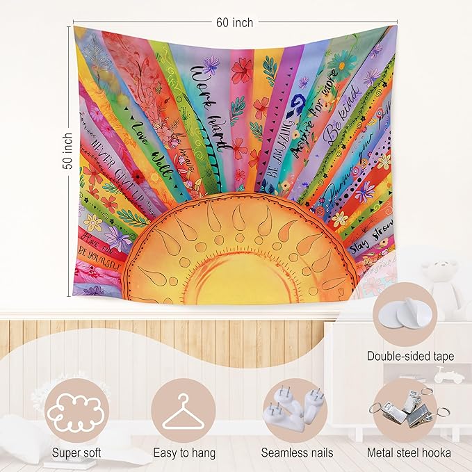 WARDOS Colorful Boho Sun Tapestry, Motivational Sunshine Tapestry Wall Hanging, Boho Abstract Sun Sunshine Wall Blanket Decor for Home Living Room Bedroom, 50x60 Inch