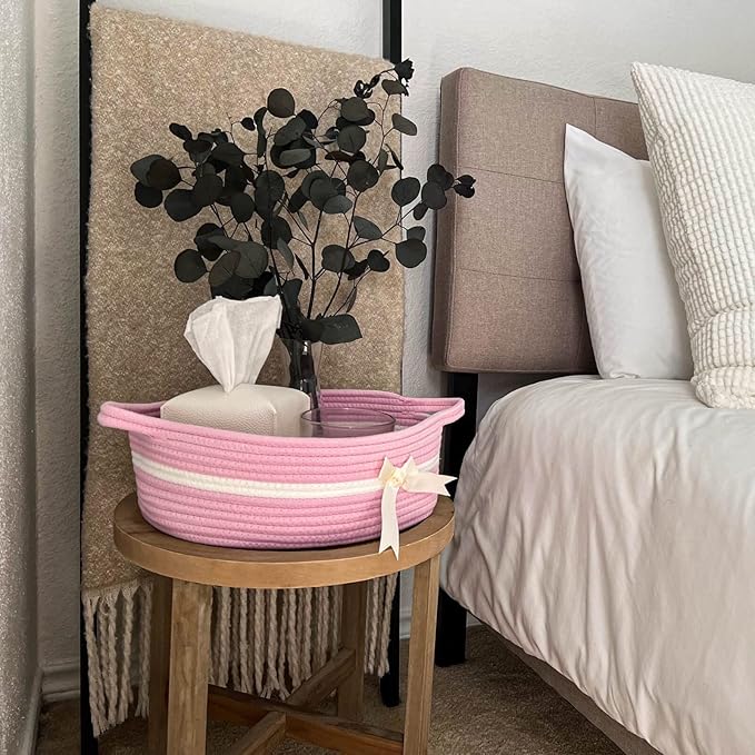 CHICVITA Pink Baby Girl Gift Basket, Small Woven Rope Basket, Rectangle Shelf Baskets for Bathroom, Cute Nursery Storage Baskets for Toys, Diapers, Towels, Snacks, 13 x 9.8 x 5 inches