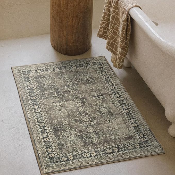 Lessymo Small Area Rugs 2x3 ft, Vintage Brown Machine Washable Rug for Entryway Kitchen Bathroom, Non Slip Low Pile Indoor Door Mat, Distressed Boho Floral Accent Carpet