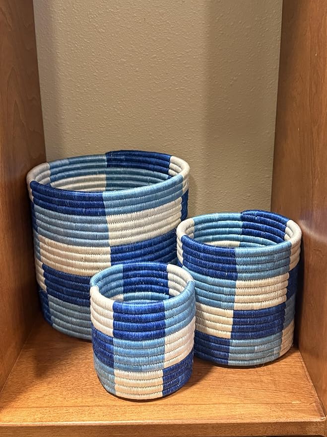 African Planter Baskets Sets of 3 Woven Sisal Baskets for Indoor Plant Pots Covers Home Decor Storage Organizer Gifts Zen Designs Arts and Crafts (Teal Blue and Natural)