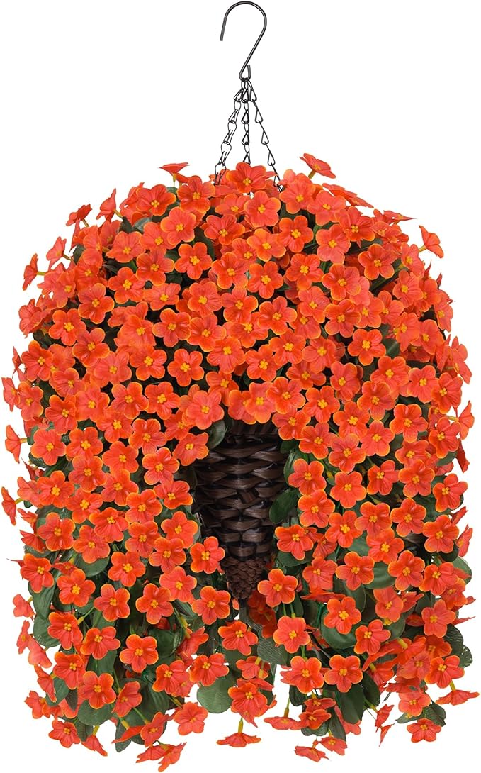 Artificial Fake Hanging Flowers Plants Baskets for Outdoor Outside, Faux Silk Orange Daisy Mums Trailing Vines in Planter Realistic UV Resistant for Balcony Porch Decor