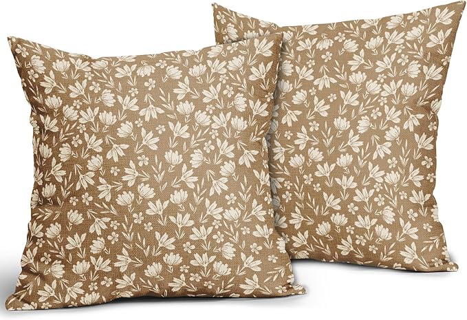 Brown Pillow Covers 16x16 Set of 2 Vintage Floral Rustic Old Style Cute Flower Print Decorative Outdoor Pillowcases Seasonal Farmhouse Throw Cushion Case Decor for Couch Sofa Bed