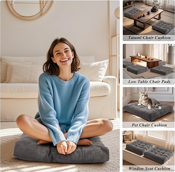 Meditation Floor Pillow 22×22 Inch 2 Pack Large Floor Cushions for Adults Square Tufted Corduroy Floor Pillows for Yoga Living Tatami Room Grey