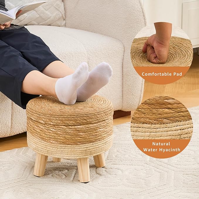 Cpintltr Storage Ottoman Poufs Handwoven Footstool Natural Seagrass Round Footrest Stool with 4 Wood Legs Soft Padded Outdoor Seat for Hallway Lounge Bedroom Garden