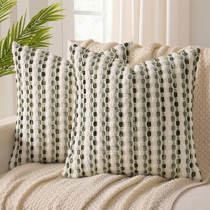 ANRODUO Boho Chenille Textured Tufted Pillow Covers 20x20 Inch Set of 2 Woven Decorative Throw Pillow Covers with Raised Stripes Accent Neutral Pillowcase for Couch Sofa Bed Living Room, Cream Olive