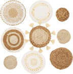 HJJWNDDNG 9 Pack Boho Wall Basket Decor Set, Hanging Woven Seagrass Rattan Wicker Boho Wall Decor, Round Farmhouse Wall Hanging Baskets Rustic Flat Wall Art for Living Room Bedroom Kitchen (Style 3)